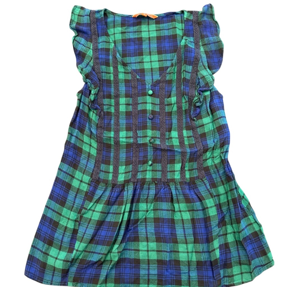 ModCloth Tartan‎ Plaid Sleeveless Blouse Peplum Small Lace Buttons Green Blue